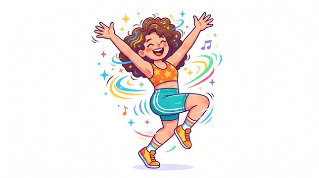 Ecstatic curly-haired girl dancing joyfully, wearing star top teal shorts yellow sneakers, arms raised, surrounded by colorful music notes swirls sparkles, energetic happy celebration isolated white.
