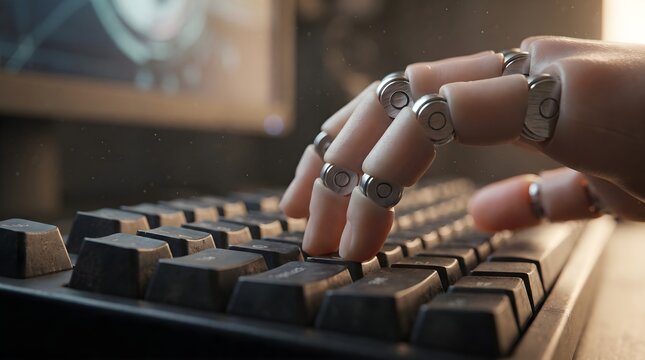 Macro shot of synthetic robotic fingers with metallic joints pressing keys on a computer keyboard during software operation.