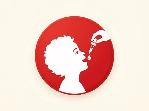 Red circle badge silhouette icon of child receiving medicine drop with child health