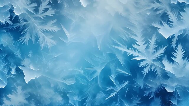 Intricate ice crystals forming on a cold surface during winter's deep freeze with a cool blue hue