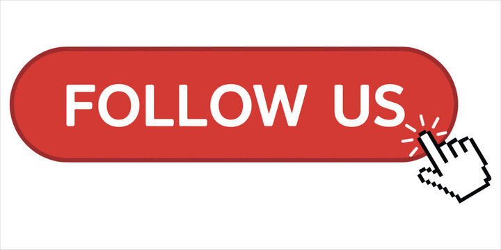 Red rounded button with white text "follow us" and a pixelated cursor hand pointing to the text, signifying social media interaction