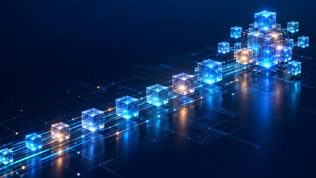 Abstract 3D illustration of a digital data network with glowing blue and orange glass cubes connected by light trails representing blockchain technology, big data, and cloud computing infrastructure.