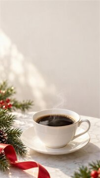 クリスマスの小枝と一杯のブラックコーヒー