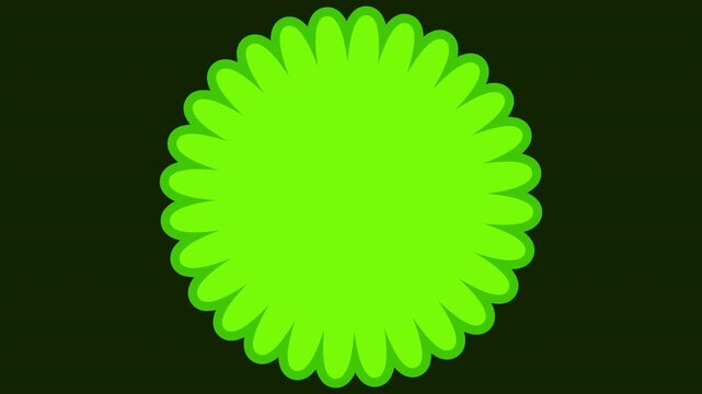 Six vibrant green abstract circular flower shapes with serrated edges arranged in two rows against a dark striped background with subtle green gradients