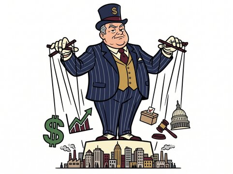 Cartoon businessman in top hat controlling money, stock chart, ballot box, gavel and capitol building with puppet strings over city