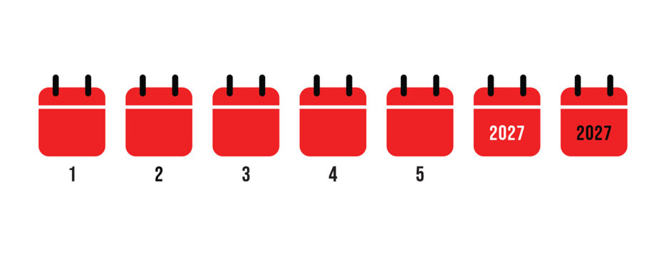 A horizontal row of seven red calendar icons with black binding rings, five numbered one through five, and two featuring the year 2027 in white and black text respectively