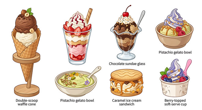 Create six unique premium ice cream shop desserts double-scoop waffle cone, layered strawberry parfait, chocolate sundae glass, pistachio gelato bowl, caramel ice cream sandwich, and berry-topped soft