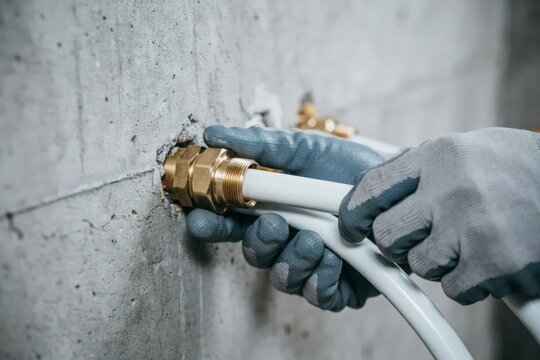 Plumber installing white pex pipe into a brass fitting on a concrete wall during a home renovation project