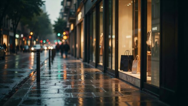 Rainy evening street scene with glowing shop windows and reflections on a wet sidewalk in a city