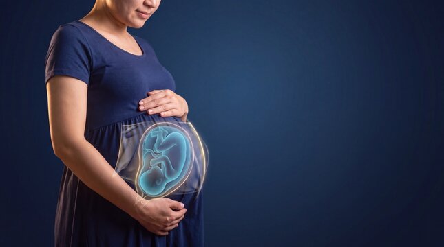 Fetal Development, Pregnancy Care and Maternal Health Medical Visualization. Pregnant Woman with Digital Fetus Model for Prenatal Health and Care