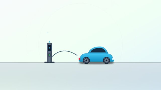 Blue electric car charging at a modern station in motion animated digital vector stock footage illustration