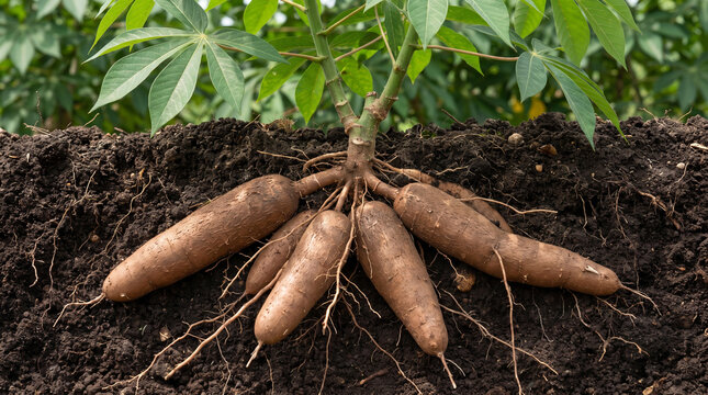 A detailed cutaway of a cassava plant revealing its enlarged storage roots, developing tubers, and fine lateral roots within tropical agricultural soil.
