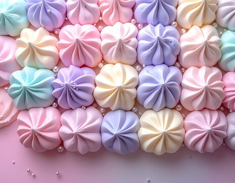 Flat Lay Pattern of Pastel Color Meringue Kisses Sprinkled with White Sugar Pearls