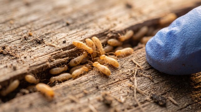 Close up of worker termites damaging rotten wood material during a home pest inspection.