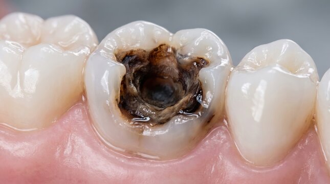 Extreme macro close-up shot of a human molar tooth affected by severe tooth decay and deep cavity.