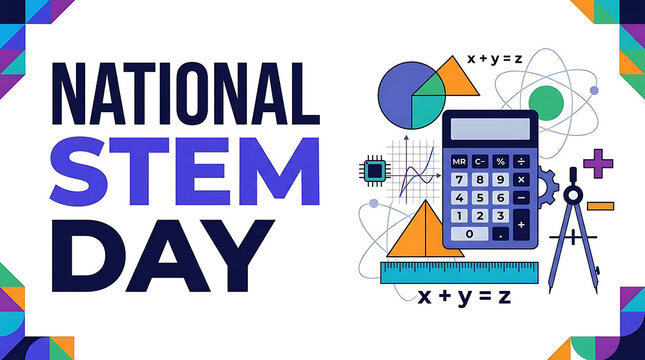 National STEM Day vector banner featuring bold typography and educational science, technology, engineering, and mathematics symbols alongside a calculator, ruler, and geometric shapes