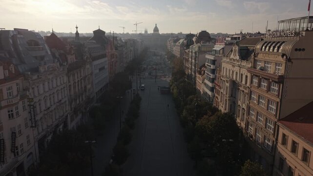 day flying forward over Wencesslas Square in Prague