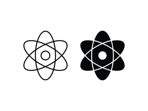 Black and white vector graphic illustration of atomic structure scientific symbols featuring clear outlines and solid shapes for education and research designs