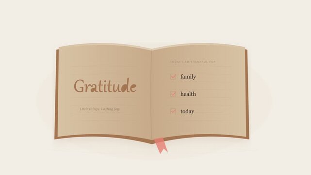 Gratitude journal opening with handwritten title and checklist of family, health and today, thankful mindset concept