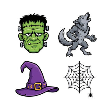 Cartoon Halloween sticker pack with monster werewolf witch hat and spider web
