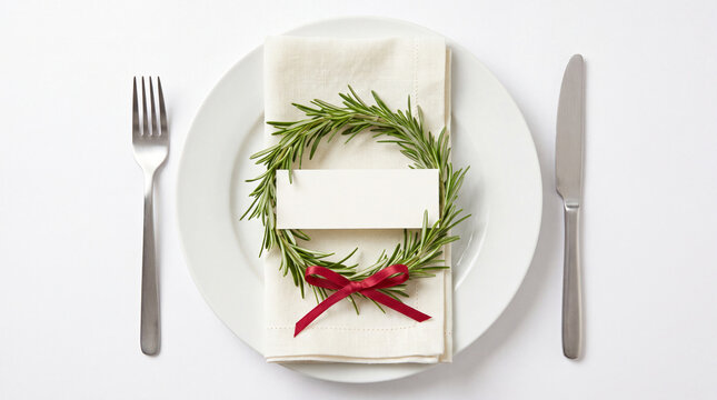 Rosemary wreath Christmas place setting with red bow isolated on white background.