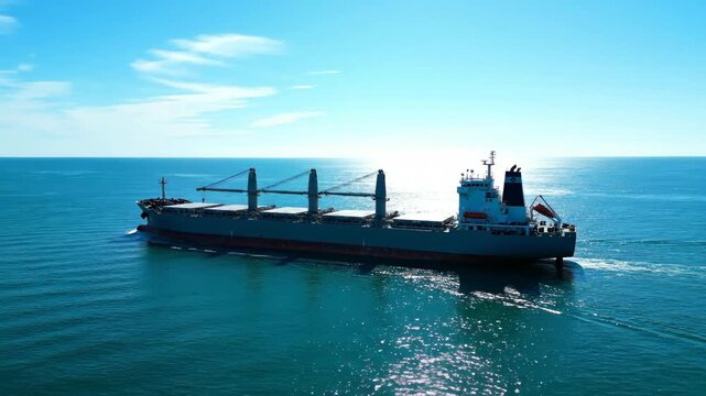 Large cargo ship sailing on the vast blue ocean under a clear sky.
