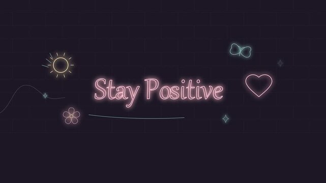 Stay positive pink neon text with glowing heart, sun, butterfly and flower icons and reflection on dark background