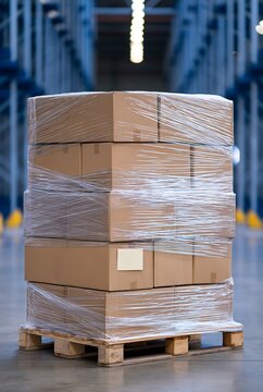 Shrink wrapped cardboard boxes stacked on warehouse pallet