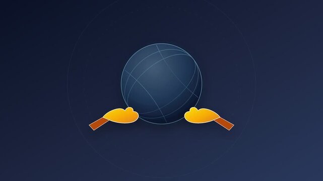 Animated corporate video clip showing hands lifting up and holding a rotating blue globe on a dark background