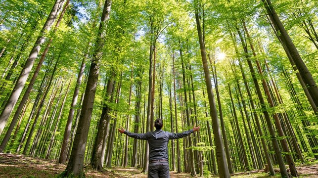 Man standing in a sunlit forest with arms outstretched