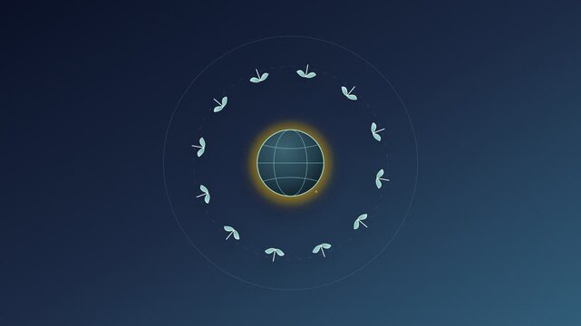 Glowing digital globe surrounded by orbiting satellite network icons in abstract motion graphics video clip background