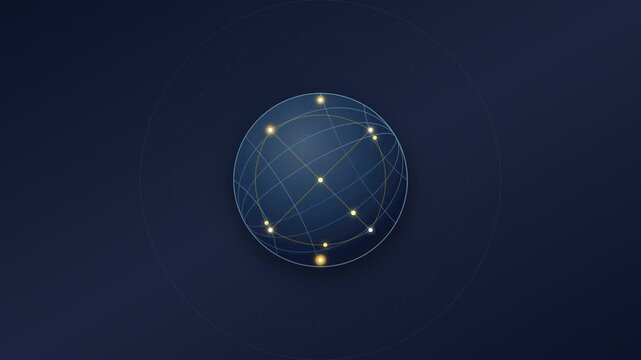 Rotating digital globe with glowing connection nodes and technical grid lines in seamless looping video footage