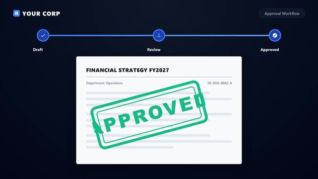 Animasi alur kerja persetujuan dokumen dengan efek getaran pada status review dan transisi stempel APPROVED yang mendarat dengan dentuman (impact) visual.