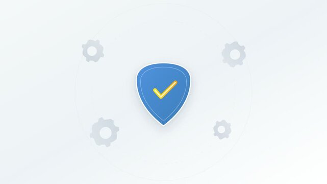 Blue shield security icon with checkmark and rotating gears background motion graphics video clip