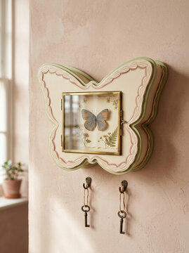 Vintage Butterfly Shaped Wall Cabinet Shadowbox and Key Holder with Brass Keys  
​
