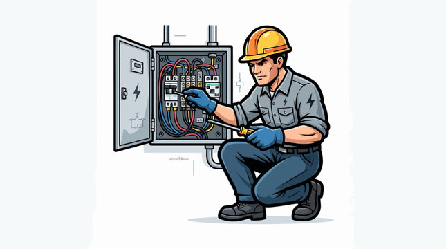 Male electrician inspecting open circuit breaker electrical panel.