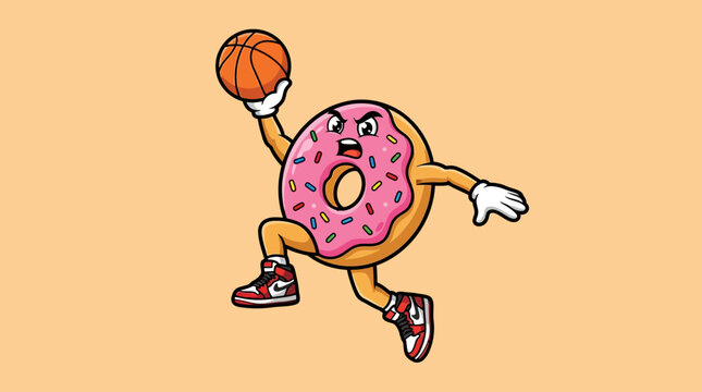 Pink frosted donut character playing basketball.