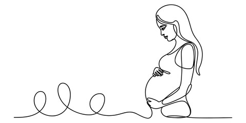 Continuous single line drawing of a pregnant woman holding her belly isolated on a white background isolated on transparent background © Lakhsmi