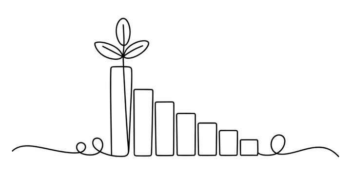 Continuous single line drawing of a bar chart with a growing plant sprout on top symbolizing business growth and environmental sustainability isolated on transparent background