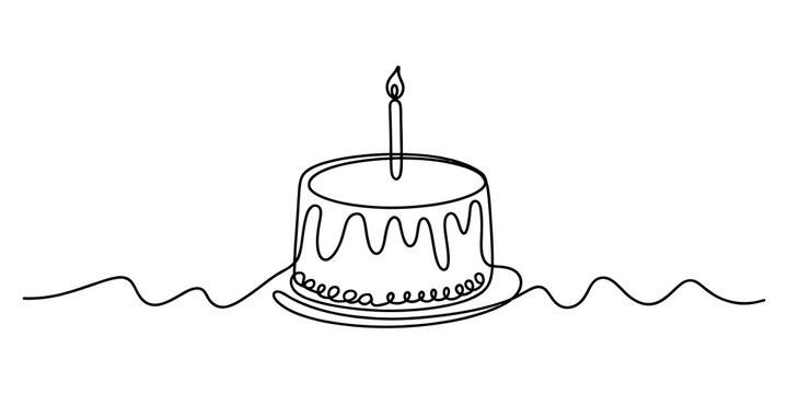 Continuous single line drawing of a birthday cake with a lit candle isolated on transparent background