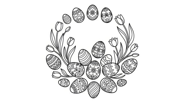 Easter eggs and tulips in a wreath, easter decoration, spring illustration