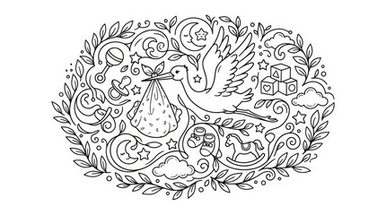Fototapeta premium stork delivering baby, newborn arrival, decorative illustration