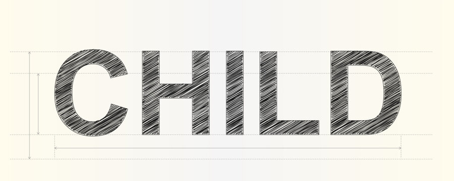 Modern hand sketched typography of the word CHILD with artistic pencil textures and precise technical grid lines