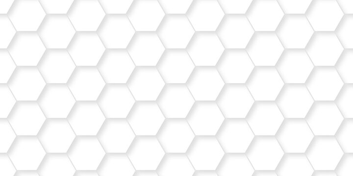White cover hexagon bee cube element grid tiles emboss seamless pattern. white paper texture futuristic business. honeycomb web banner texture background.