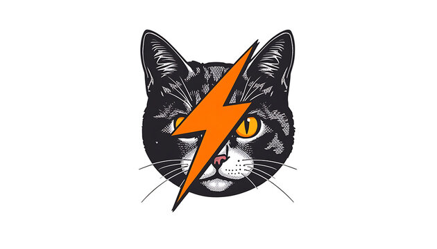 Illustration of cat face with lightning bolt graphic design element transparent background