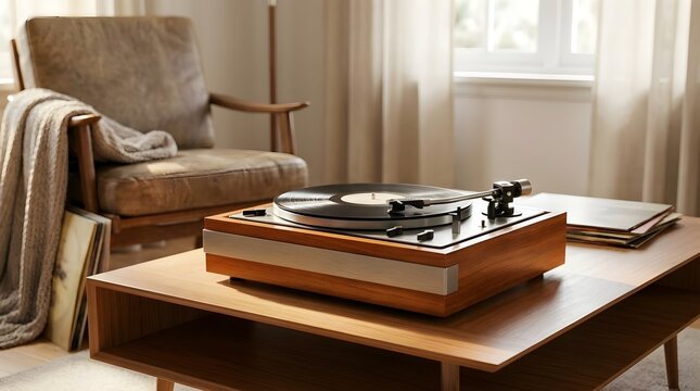 Memory Care Concept with Vintage Record Player in Cozy Living Room