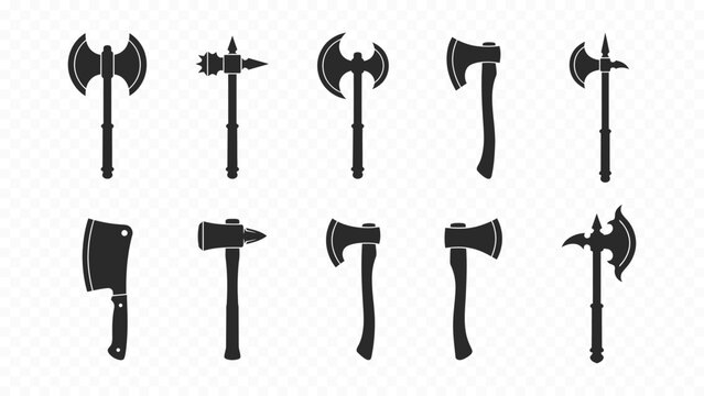 Battleaxes Hatchets and Woodchopping Axe Weaponry Glyph Icon Set - Battle Axe, Woodcutter Hatchet, Combat Tomahawk, Medieval Axe Solid Vector