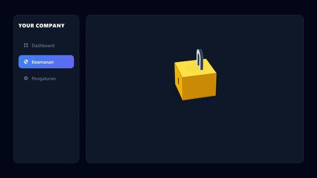 Animasi fitur aplikasi generik tanpa logo di mana klik pada tab Keamanan mengubah elemen antarmuka datar menjadi objek gembok 3D isometrik.