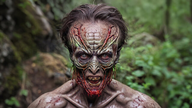 A terrifying zombie monster with a mutated face snarling in a forest