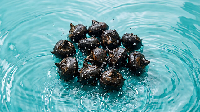 Fresh black water caltrops floating in clear turquoise water, organic water chestnut cluster with water ripples, exotic Asian aquatic plant ingredient